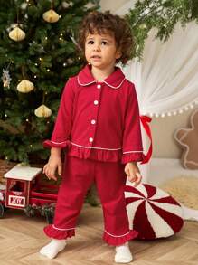 SHEIN Playful Pals 2pcs Baby Girls Holiday & Casual Cute Outfit Set, Fall/Winter - Multicolor - View 6