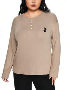 ROMWE Kawaii Plus Size Knit Ribbed Casual Lounge Pants & Long Sleeve Pajama Set - Multicolor - View 2