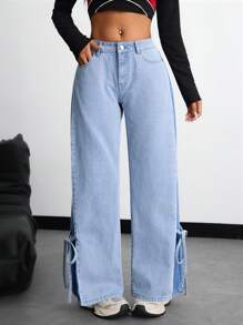 SHEIN EZwear 女式宽松口袋阔腿休闲牛仔裤 - 淺色水洗藍 - 查看 3