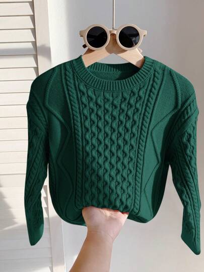年轻男孩通勤/学校圆领长袖毛衣 - 纹理针织，舒适保暖，适合通勤、上学、居家、休闲、聚会、户外玩耍 绿色毛衣深绿色毛衣绿色毛衣男孩