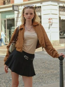 SHEIN 青少年女孩休闲复古仿麂皮保暖衬里拉链立领加厚保暖短款夹克外套 - 棕色 - 查看 1