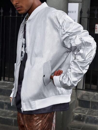 PAVTROS 男士休闲拉链臂袋纯色棒球夹克，男士夹克，秋冬男装，冬季男士夹克，男友礼物