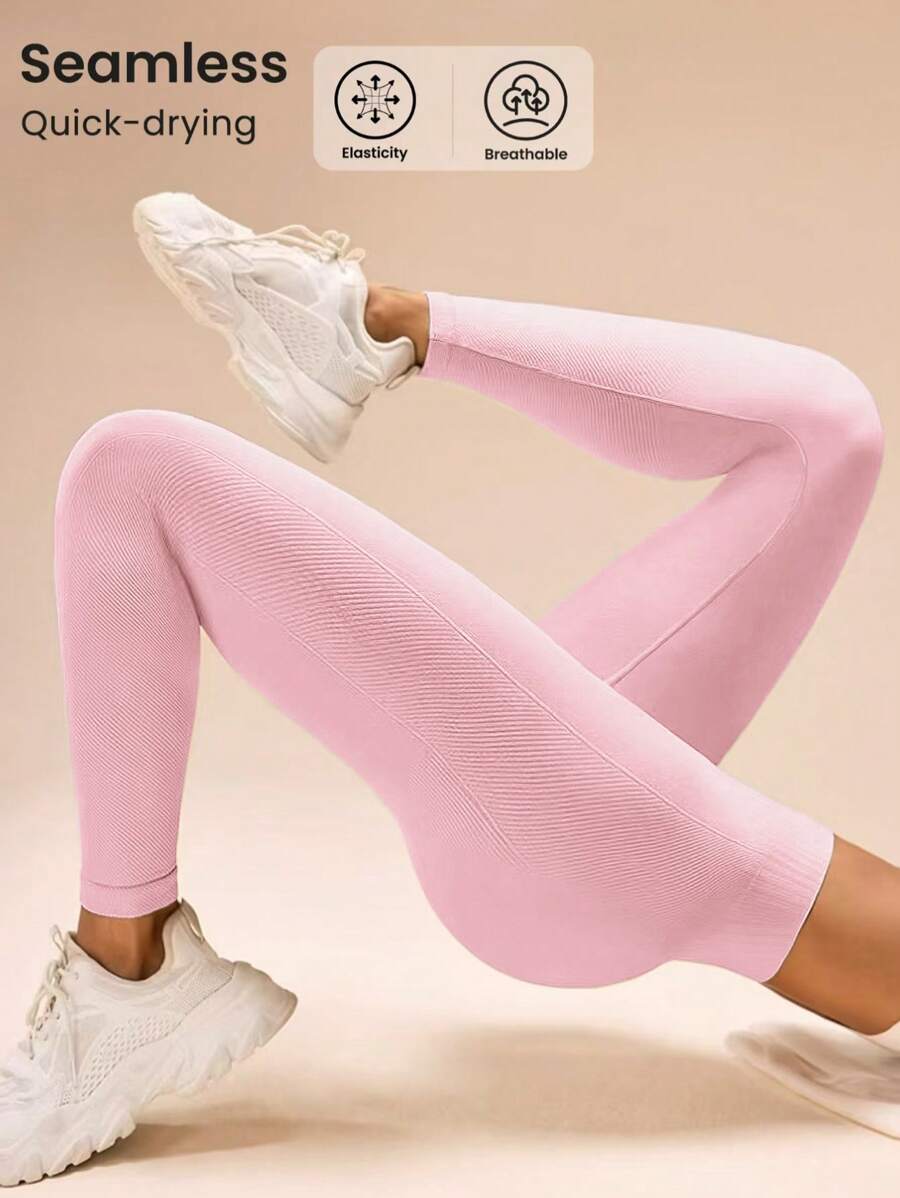 Gameset SHEIN Sport 女士纯色高腰休闲健身运动紧身裤瑜伽裤 - 粉色 - 查看 1