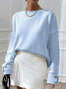 EURMUSE 女士双袖纽扣细节超大厚冬季毛衣 温暖触感 - 淺藍色 - 查看 3