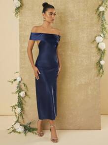 L'Amorae Vestido longo slim fit com zíper nas costas e ombros de fora, cor lisa - Azul - Ver 4