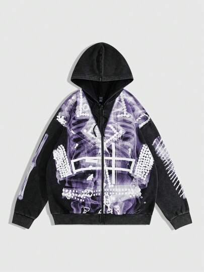 Men's Casual Skeleton Print Zip-Up Hoodie Sweatshirt, Autumn, Halloween