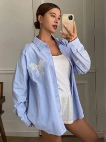 DAZY Áo sơ mi dài tay cổ nơ rộng rãi thoải mái cho nữ, Quần áo mùa thu - Màu xanh lam - Xem 7