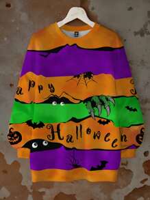 SHEIN LUNE Casual Pumpkin & Spider Print Crew Neck Loose Fit Long Sleeve Sweatshirt For Women For Halloween