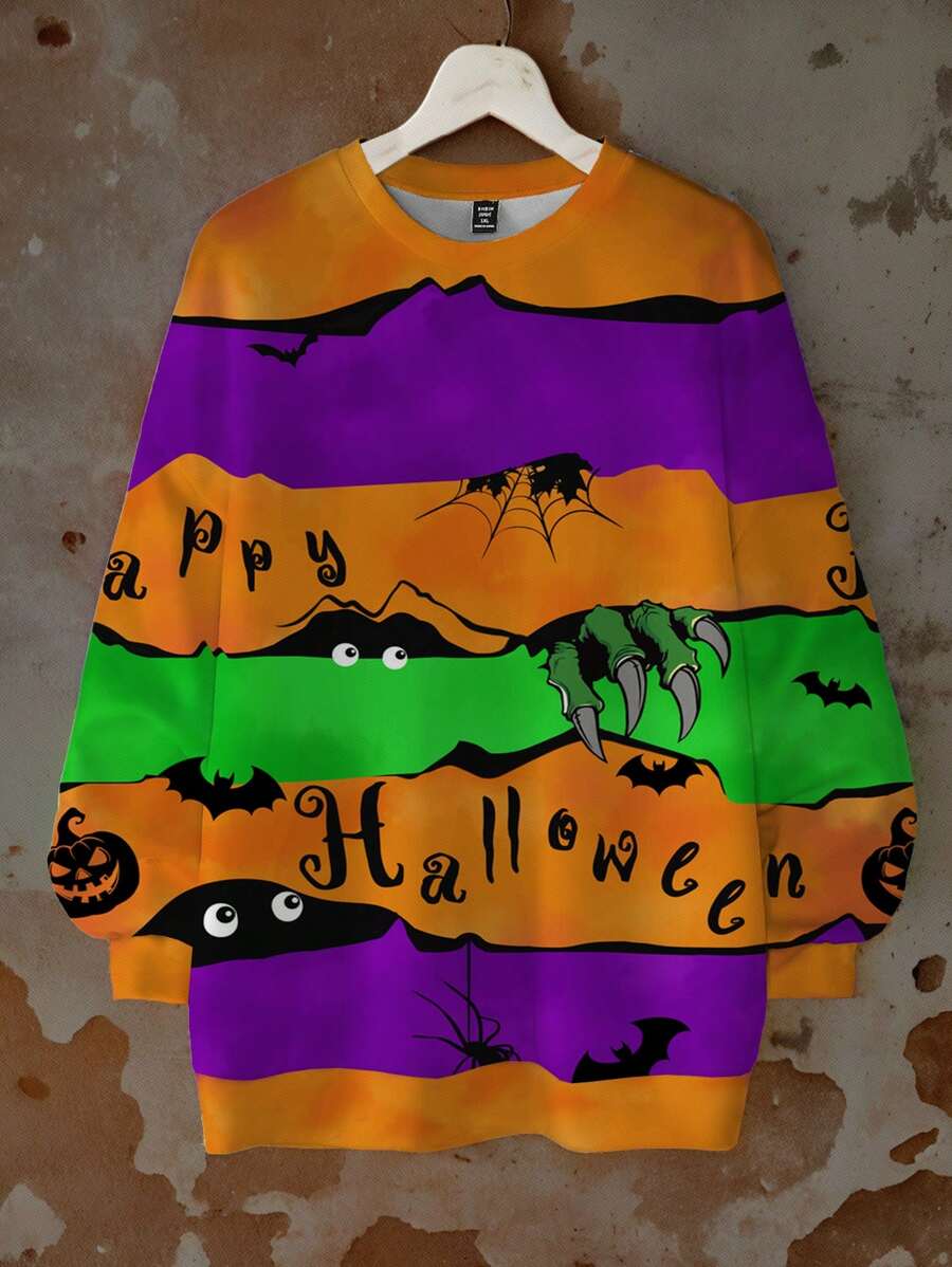 SHEIN LUNE Casual Pumpkin & Spider Print Crew Neck Loose Fit Long Sleeve Sweatshirt For Women For Halloween