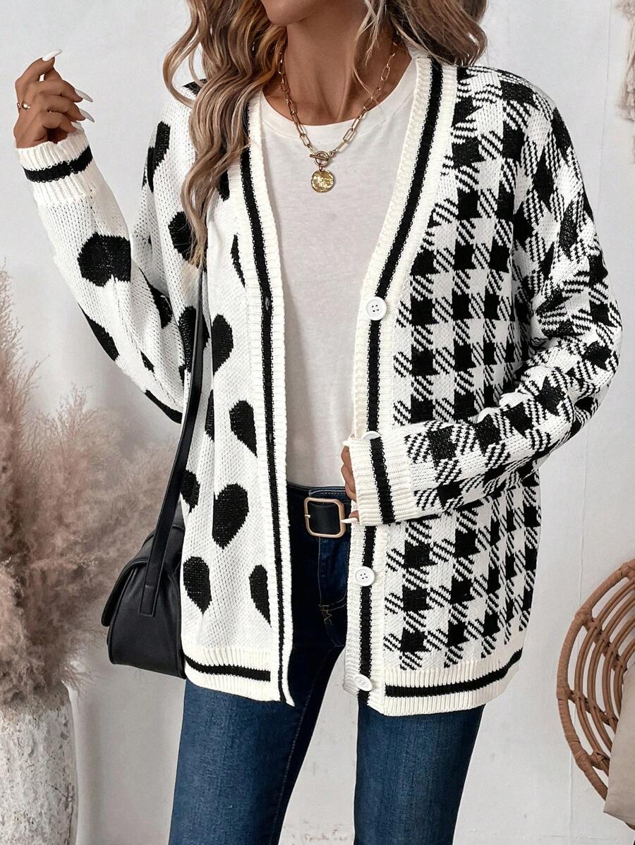 SHEIN LUNE Women's Heart & Houndstooth Pattern Drop Shoulder Long Sleeve Single-Breasted Cardigan, Autumn/Winter Fall Cloth For Women - Black and White - View 1