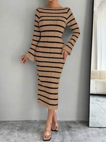 Chiquease Vestido de punto con abertura con mangas acampanadas a rayas para mujer