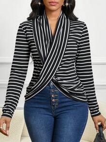 SHEIN Lady 女式黑色长袖纹理垂坠设计宽松休闲 T 恤 - 黑與白 - 查看 3