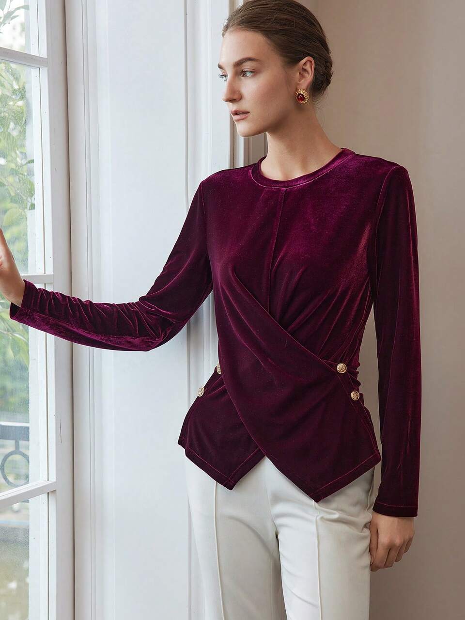 MOTF VELVET CROSS WRAP RUCHED GOLD BUTTON DETAIL TEE