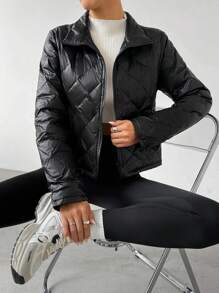 SHEIN EZwear Chaqueta casual con cremallera delantera, relleno de plumas y manga larga de unicolor para mujer - Negro - Ver 7