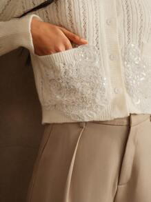 Anewsta Apricot Knitted Sequin Embroidery Cardigan - Apricot - View 6