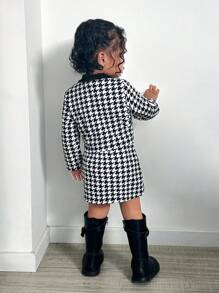 SHEIN 3 件套女婴可爱千鸟格拼布长袖夹克、松紧腰裙、针织背心、秋冬 - 黑與白 - 查看 2
