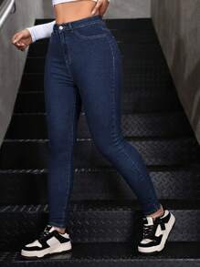 SHEIN ICON Pantalones vaqueros ceñidos versátiles con bolsillos en ángulo, casuales de otoño - Azul lavado oscuro - Ver 5