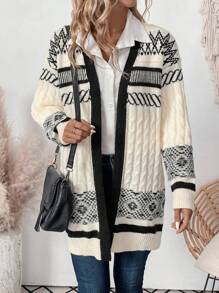 SHEIN Clasi Retro Oversized Color Block Jacquard Knit Cardigan Sweater