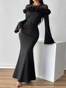 Chiquease 女式春秋秋季优雅派对黑色万圣节高弹力打底裙修身臀部网眼撞色 3D 花朵手工原创设计长袖喇叭袖美人鱼连衣裙长款女装 - 黑色 - 查看 4