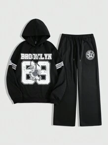 ROMWE MEN Street Life 2pcs Men's Casual Hooded Sweatshirt & Pants Set, Suitable For Spring - Black - View 2