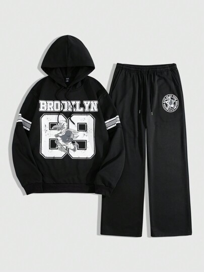 Street Life 2pcs Men's Casual Hooded Sweatshirt Set, Suitable For Spring, Autumn And Winter