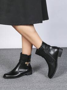 CUCCOO BIZCHIC 时尚百搭女士踝靴，黑色短靴，粗跟/低跟，秋季新款，侧拉链，搭扣，短筒，圆头，舒适百搭，适合春季、春假、复活节和圣诞节等场合。 - 黑色 - 查看 5