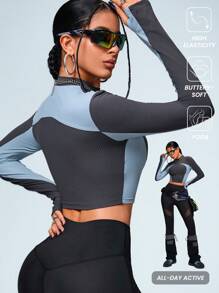 Innovista Women Ribbed Fabric Stand Collar Tight Fit Colorblock Sports Sweatshirts, Cropped Sweatshirt,Workout Gym Daily ,Fall Sweatshirts,Tracksuit,Workout Women Tops,Fall Woman Outfits,Outdoor,Run, Fall Winter Women Outfit,Winter Women Clothes - Dark Grey - View 2