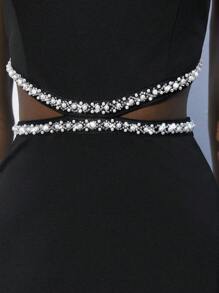 Maija 女士无袖优雅长裙，腰部饰有仿珍珠，侧面镂空，适合夏季、圣帕特里克节、复活节、春节、音乐节 - 黑色 - 查看 7