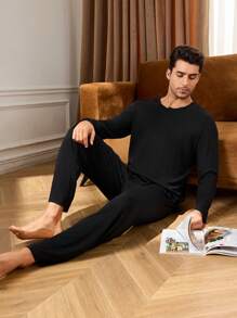 2pcs Men's Solid Color Crew Neck Long Sleeve Top And Pants Casual Pajamas Set, Fall Winter Clothes - Black - View 1