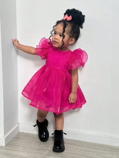 SHEIN Baby Girl Elegant Fuchsia Organza Solid Ruffle Hem Short Sleeve Party Dress