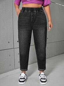 SHEIN ICON High Waisted Elastic Waistband Plus Size Blue Cropped Skinny Jeans