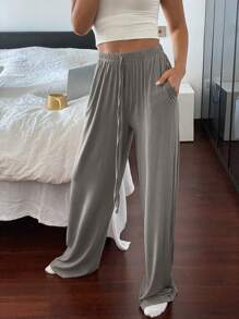 Livesso Lösa och bekväma raka loungebyxor för hemmabruk, för skolstart, för höstpyjamas, vinter - Grå - Visa 4