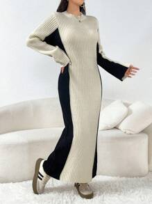 Mulvari Women's Autumn/Winter Crew Neck Long Sleeve Colorblock Ribbed Long Knitted Sweater Dress
