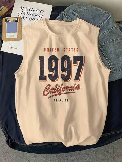 Manfinity Joysei 男士卡其色字母图案印花无袖针织背心，夏季