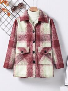 Tween Girls Burgundy Plaid Woolen Shirtdress Casual Coat For Autumn Winter - Burgundy - View 4