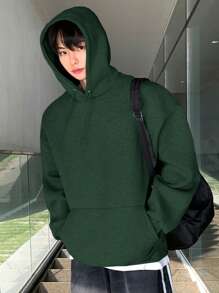 DAZY Men's Solid Color Dropped Shoulder Long Sleeve Hooded Pocket Loose Casual Sweatshirt, Autumn