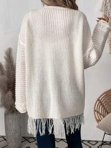 Chiquease Autumn Winter Korean Style Slouchy Tasseled Sweater Cardigan, Mid-Length White Fluffy Thick V-Neck Open Cardigan Suitable For Going Out, Vacation, Party, And Street Wear