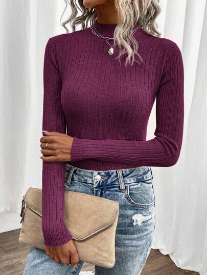 SHEIN Clasi Women's Solid Stand Collar Long Sleeve Fitted Elegant Sweater, Autumn/Winter,Long Sleeve Tops