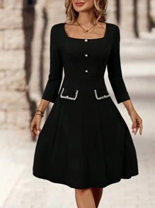 EMERY ROSE Women's A-Line Button Decor Square Neck Short Sleeve Work Dress - Black - View 6