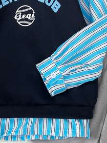 2 件套年轻女孩休闲可爱字母印花保暖内衬运动衫上衣和中长裤打底裤套装，秋冬 - 藍色 - 查看 5