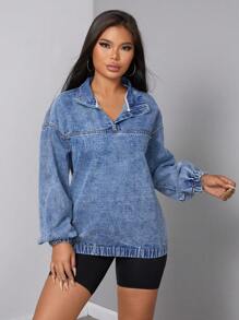 SHEIN SXY Women's Loose Casual Denim Jacket With Dropped Shoulders And Half Zipper, Spring And Autumn - Blue - View 3
