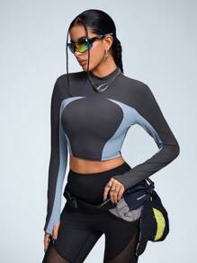 Innovista Women Ribbed Fabric Stand Collar Tight Fit Colorblock Sports Sweatshirts, Cropped Sweatshirt,Workout Gym Daily ,Fall Sweatshirts,Tracksuit,Workout Women Tops,Fall Woman Outfits,Outdoor,Run, Fall Winter Women Outfit,Winter Women Clothes - Dark Grey - View 7