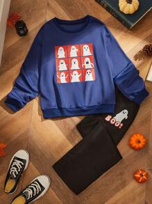 2pcs/Set Tween Boys Ghostly Grid Pattern Crew Neck Sweatshirt And Loose Fit Sweatpants Set For Halloween