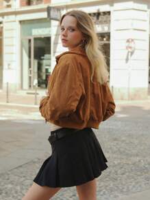 SHEIN 青少年女孩休闲复古仿麂皮保暖衬里拉链立领加厚保暖短款夹克外套 - 棕色 - 查看 2