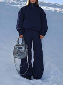 INAWLY Solva Women's Solid Color Zipper Half Placket Dropped Shoulder Long Sleeve Sweatshirt And Loose Casual Pants 2 Pieces Set, Autumn/Winter Fall Cloth For Women