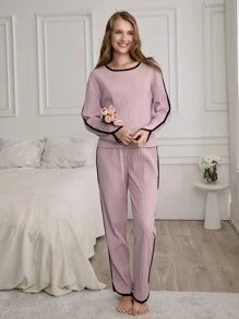 RueChic 2pcs Cotton Contrast Piping Detail Homewear Lounge Set - Purple - View 4