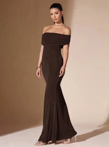 SHEIN BAE 女士纯色露肩性感透明优雅鱼尾露背修身舞会礼服，巧克力色 - 咖啡棕 - 查看 5