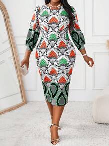 SHEIN Lady Autumn And Winter Elegant Colorful Knitted Round Neck Straight Three Quarter Length Sleeve Plus Size Dresses - Multicolor - View 1
