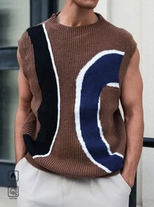 Manfinity Homme Men's Casual Colorblock Loose Round Neck Knitted Sweater Vest, Fall/Winter - Brown - View 4