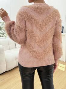 Chiquease V-Shape Faux Mink Knitted Sweater  Fall Winter Outfit - Pink - View 2